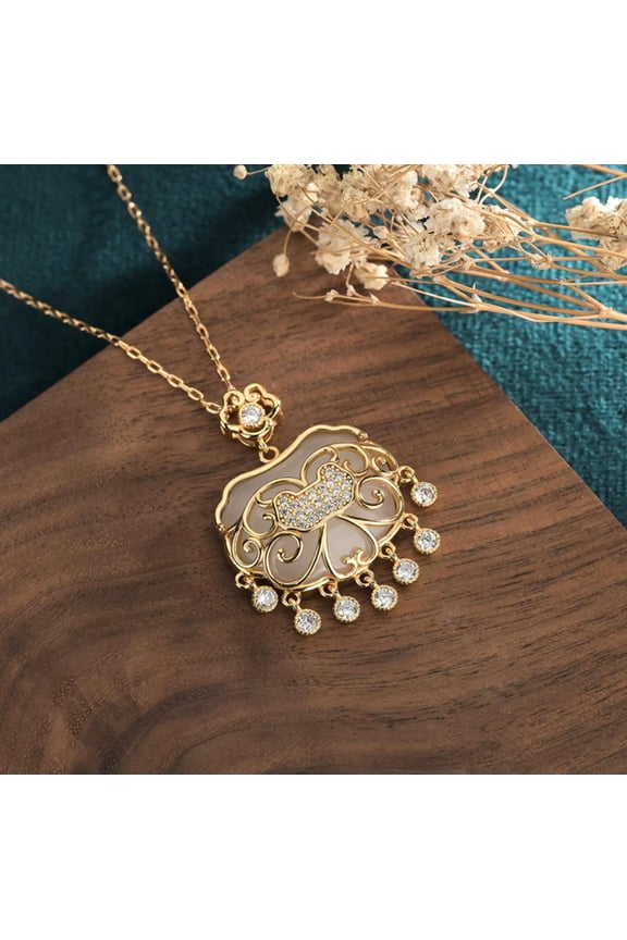 Jade Crystal Pendant Necklace Charm 18K Gold Plated Luck Lock Dainty Gemstone