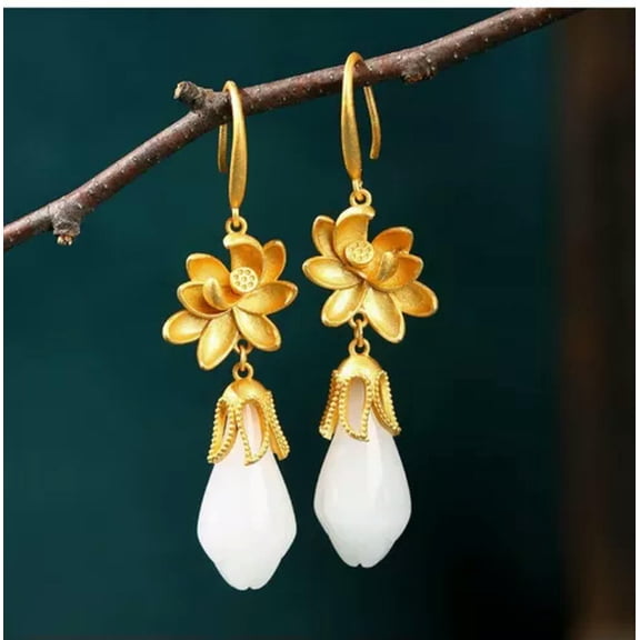 EOEMY Jade Drop Dangle Earrings Gold Flowers Bohemian Ear Hook 18K Gold Plated Gift