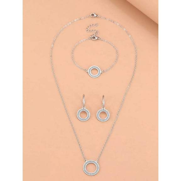 EOEMY Jewelry Set Crystal & Rhinestone Hollow Out Round Pendant Necklace Bracelet For-Default