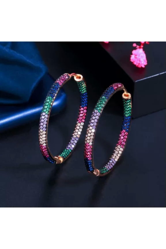 Large Rhinestone Multi Color Crystal Hoop Earrings Rainbow Pride 4.2Cm Fashion