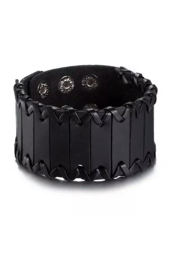 Leather Bracelet Black Brown 9.5 Inches 38mm Push Button L447-Black