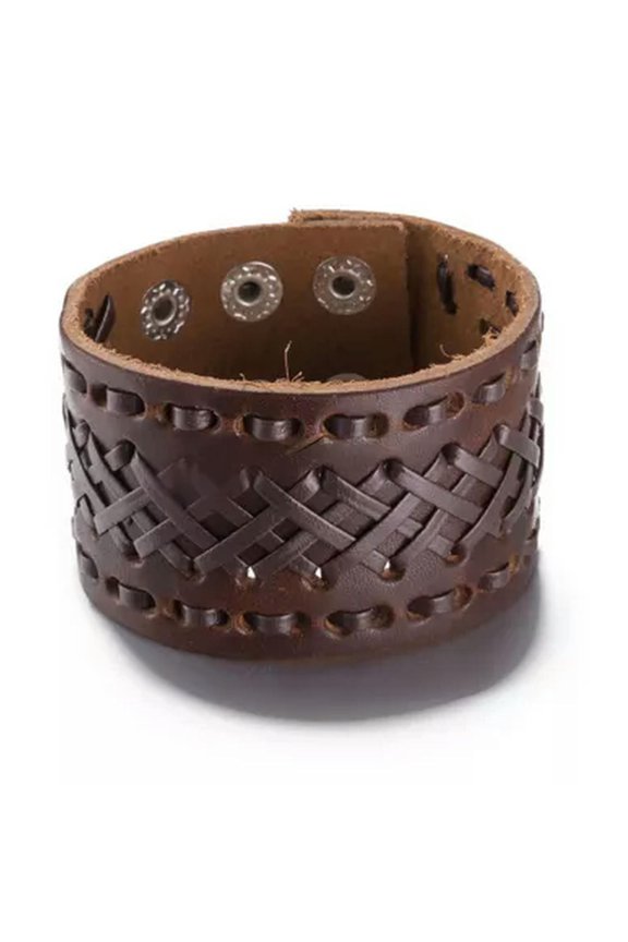 Leather Bracelet Black Brown 9 Inches 42mm Push Button L448-Brown