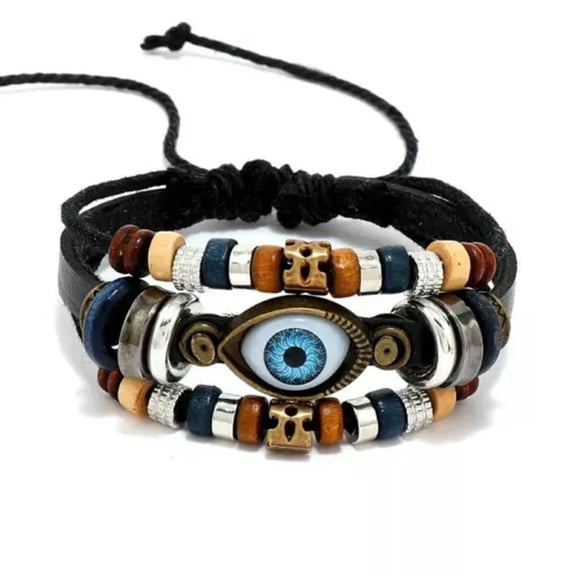 EOEMY Leather Braided Beaded Multi-Layer Evil Eye Wristband Bangle Prayer Amulet Gift-Black Leather