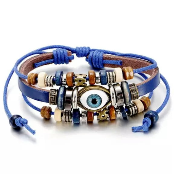 EOEMY Leather Braided Beaded Multi-Layer Evil Eye Wristband Bangle Prayer Amulet Gift-Blue Leather