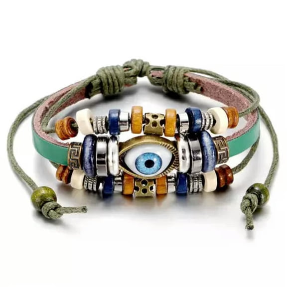 EOEMY Leather Braided Beaded Multi-Layer Evil Eye Wristband Bangle Prayer Amulet Gift-Green Leather