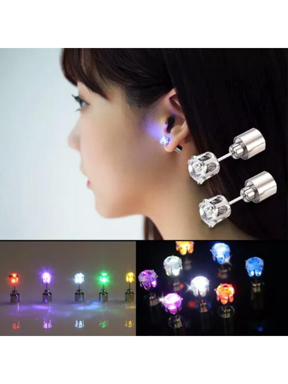 Led Glow-In-The-Dark Earrings Lighted Round Stud Flash Party Dance Holiday Us/-Green-1 Pair