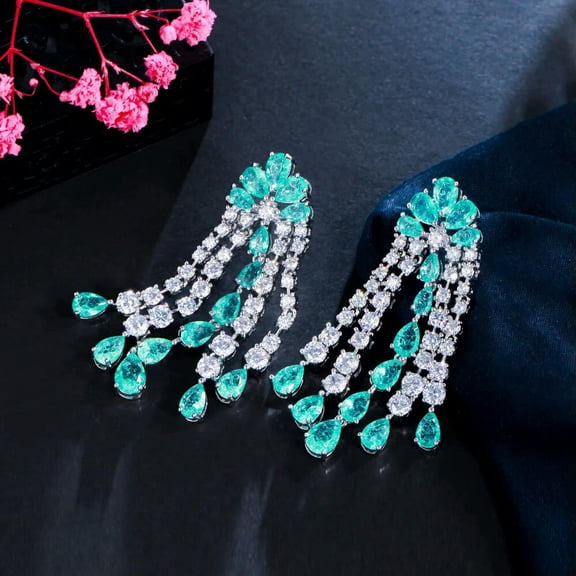 EOEMY Light Green Cz Long Tear Drop Tassel Earrings Lover Bridal Popular Jewelry Gift