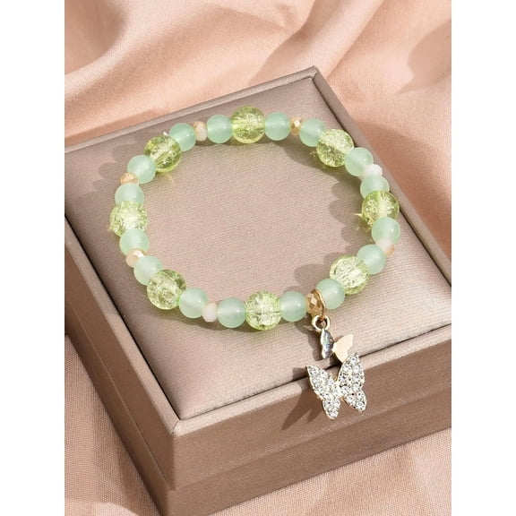 EOEMY Light Green Rhinestone Butterfly Charm Beaded Bracelet Stackable Stretch-Default