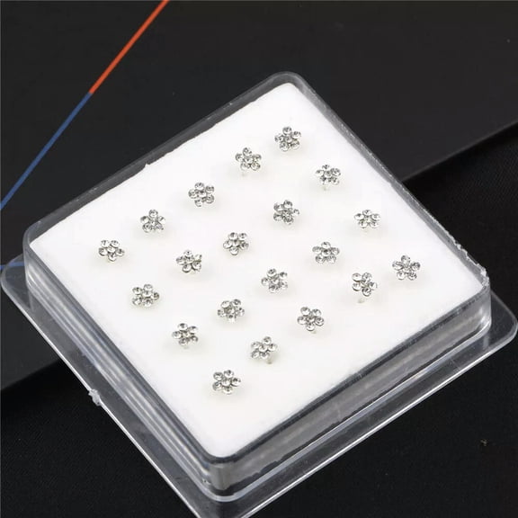 EOEMY Lots 20 Pcs 925 Solid Silver Clear Crystal Flower Straight Bar Rod Pin Nose Stud