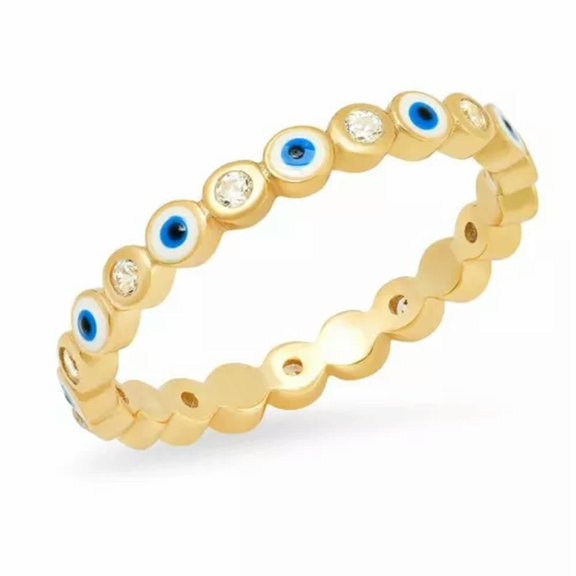 EOEMY Lucky Crystal Rainbow Evil Blue Eye Opening Knuckle Rings Women Boho Jewelry-Gold-Blue & White