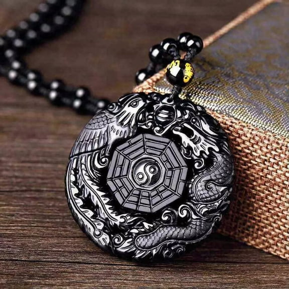EOEMY Lucky Pendant Necklace Natural Obsidian Carved Chinese Phoenix Bagua Dragon