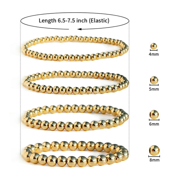 EOEMY Luxury 14K Gold Plated Beads 4/5/6/8 Beaded Bracelets Men Women Stacking Bangle-6mm