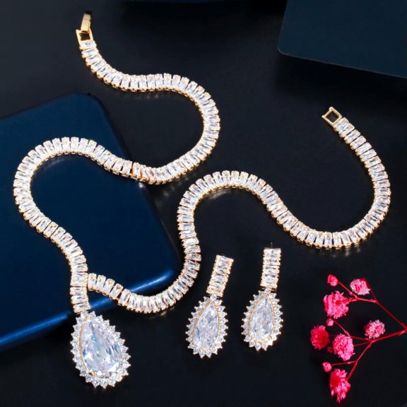 EOEMY Luxury 2Pcs 585 Gold Cz Baguette Water Drop Set For Fiancee Engagement Jewelry