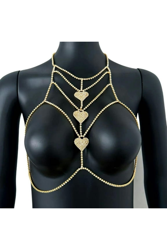 Luxury Body Chain Jewelry Harness Bikini Chest Necklace Crystal Rhinestones Bra-Gold