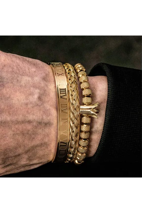 Luxury Men'S Bracelet Set King Crown Roman Numberal Bangle Bracelet Jewelry-3Pcs Set - Gold