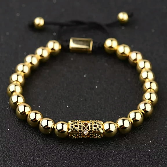 EOEMY Luxury Micro Pave Cz Ball & Crown Braided Copper Bead Men'S Bracelets Jewelry-Gold