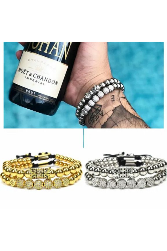 Luxury Multi-Styles Men Women Micro Pave Cz Crown Copper Bead Adjust Bracelets-Crown+Ball Set-Silver