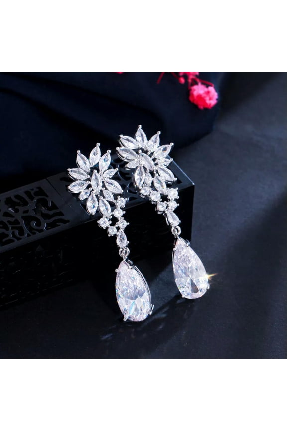 Marquise Cut Leaf Cz Crystal Bridal Long Tennis Drop Earrings White Gold Jewelry