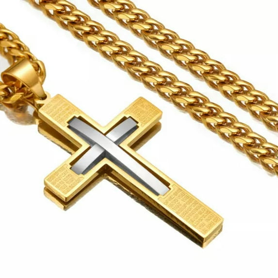 EOEMY Men Cross Pendant Necklace Stainless Steel Crucifix Curb Chain Gold Black Silver-Silver Gold-38Inch Or 96Cm