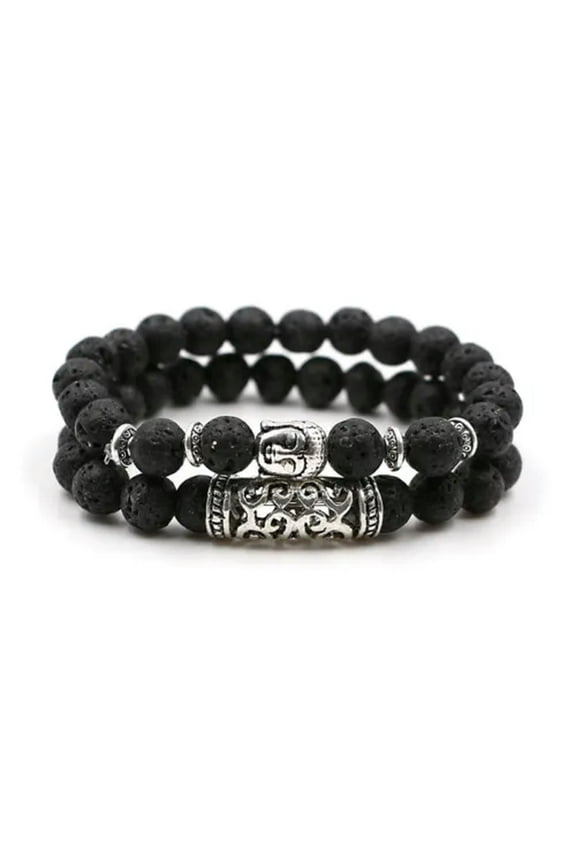 Men Fashion Natural Lava Stone Lion Beaded Cuff Charm Bangle Bracelets 2Pcs/Set-Buddha Head+Lava Stone