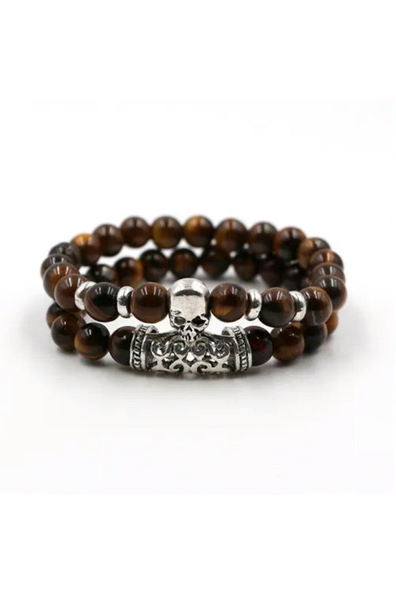 Men Fashion Natural Lava Stone Lion Beaded Cuff Charm Bangle Bracelets 2Pcs/Set-Ghost Head+Tiger Eye Stone