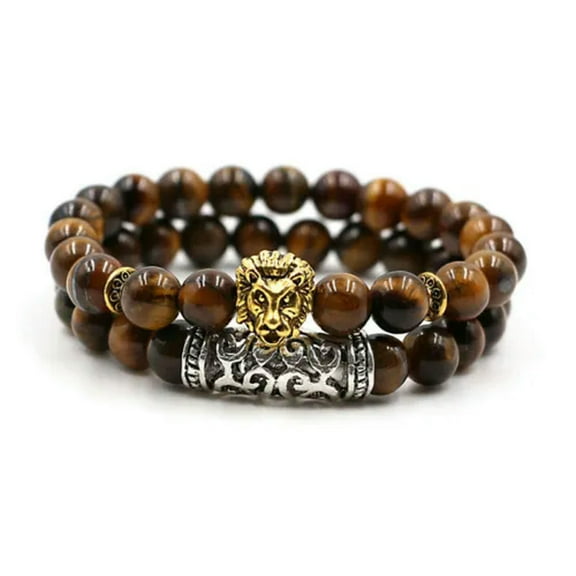 EOEMY Men Fashion Natural Lava Stone Lion Beaded Cuff Charm Bangle Bracelets 2Pcs/Set-Lion'S Head+Tiger Eye Stone