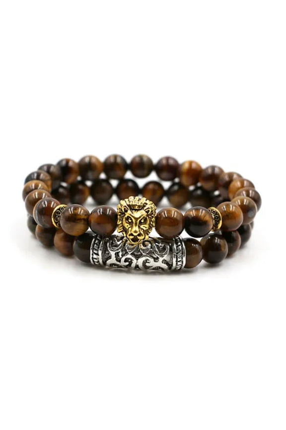Men Fashion Natural Lava Stone Lion Beaded Cuff Charm Bangle Bracelets 2Pcs/Set-Lion'S Head+Tiger Eye Stone