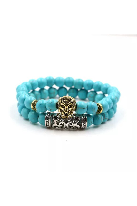 Men Fashion Natural Lava Stone Lion Beaded Cuff Charm Bangle Bracelets 2Pcs/Set-Lion'S Head+Turquoise