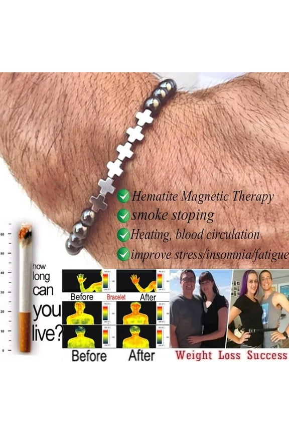 Men Magnetic Hematite Therapy Silver Plated Bracelet Bangle Cross Relief Health