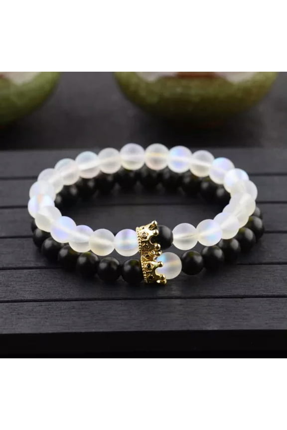 Men Natural Lava Stone Crown Arrow Beaded Cuff Charm Bangle Bracelets 2Pcs/Set-Couple Crown Style 4
