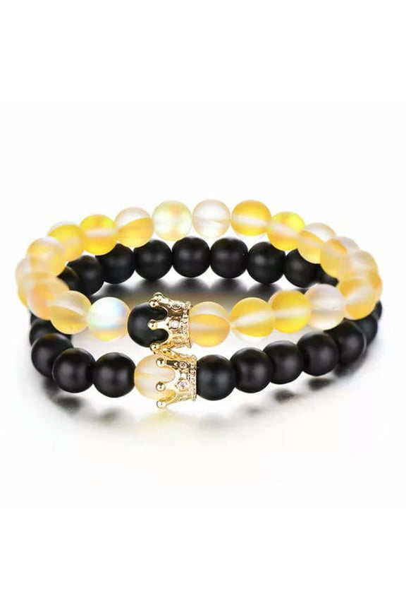 Men Natural Lava Stone Crown Arrow Beaded Cuff Charm Bangle Bracelets 2Pcs/Set-Couple Crown Style 5