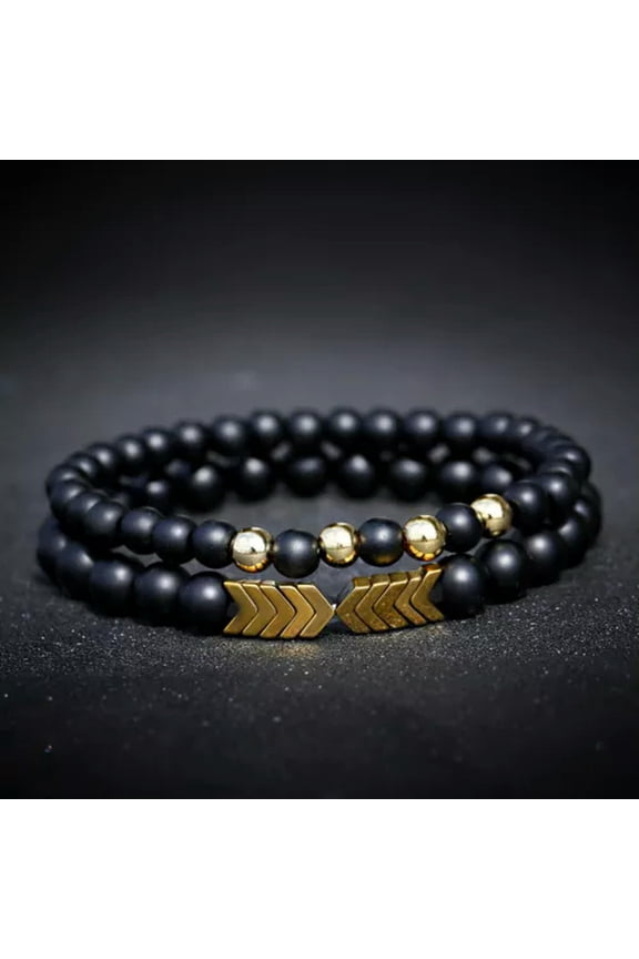 Men Natural Lava Stone Crown Arrow Beaded Cuff Charm Bangle Bracelets 2Pcs/Set-Gold Arrow + Black Stone
