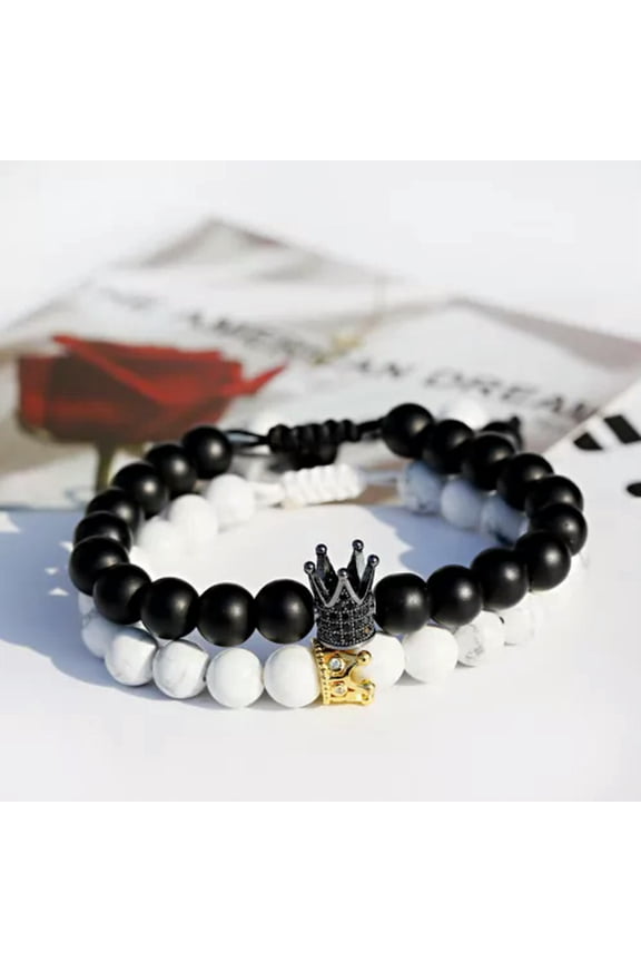Men Natural Lava Stone Crown Arrow Beaded Cuff Charm Bangle Bracelets 2Pcs/Set-Hand-Knitted Couple Crown