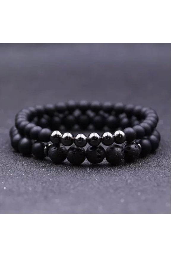 Men Natural Lava Stone Crown Arrow Beaded Cuff Charm Bangle Bracelets 2Pcs/Set-Lava Stone + Silver Copper Beads