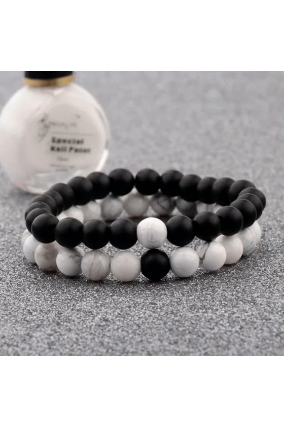Men Natural Lava Stone Crown Arrow Beaded Cuff Charm Bangle Bracelets 2Pcs/Set-Lovers Stone Style 1