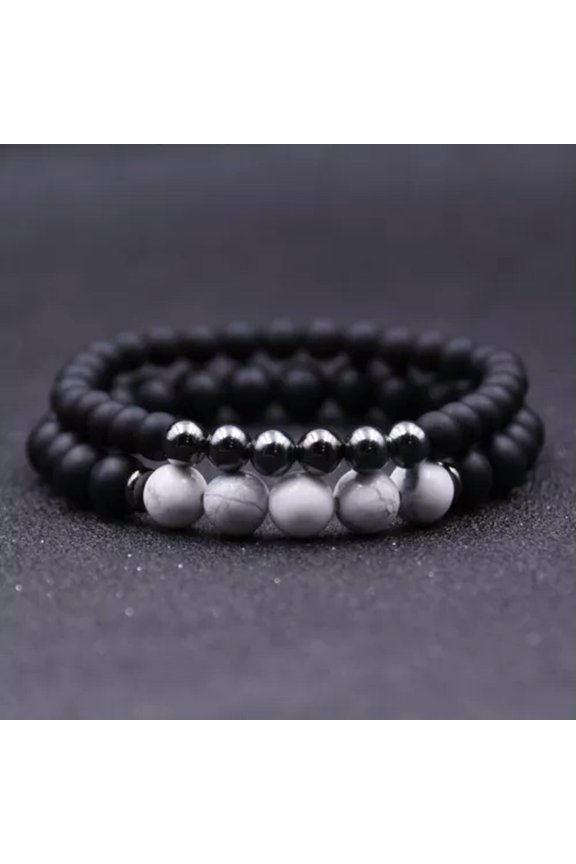 Men Natural Lava Stone Crown Arrow Beaded Cuff Charm Bangle Bracelets 2Pcs/Set-White Turquoise + Silver Coppe...