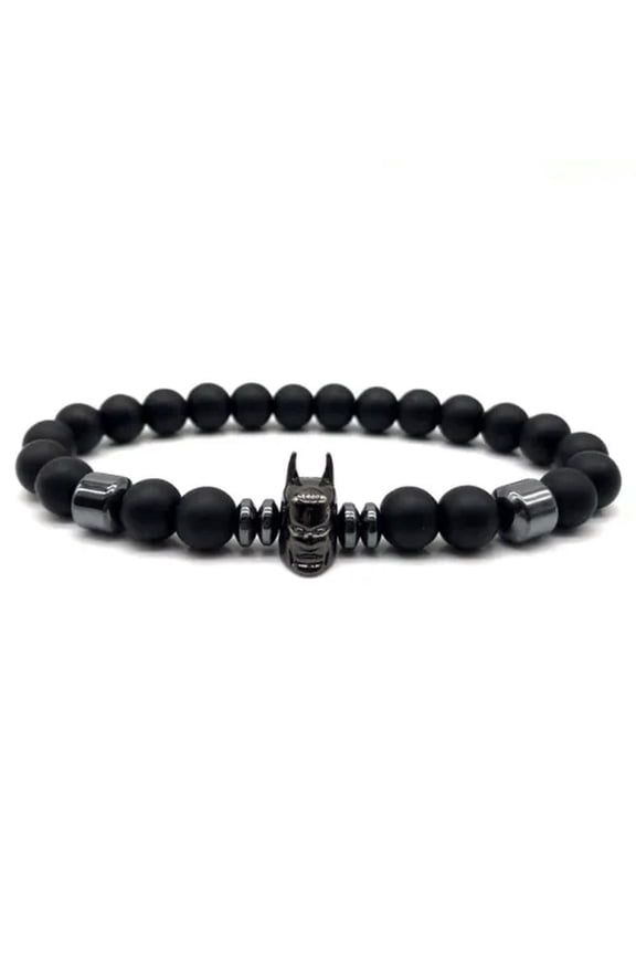 Men Natural Onyx Stone Zircon Helmet Skull Head Magnetic Beads Bracelets-Batman