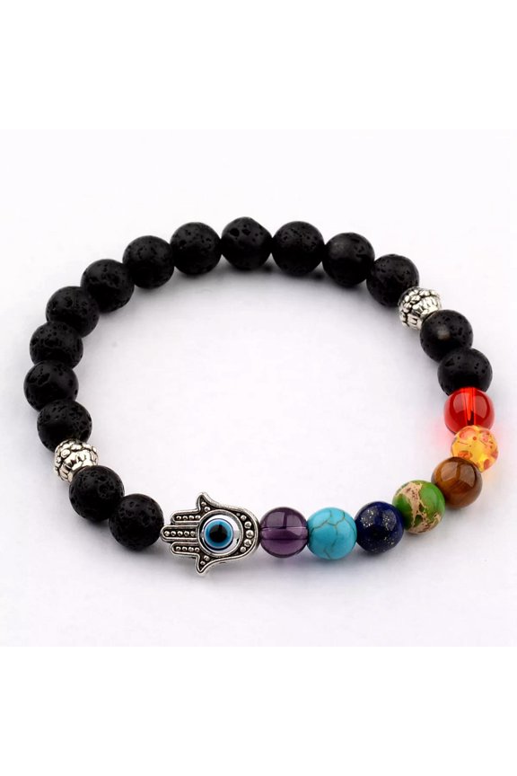 MenS 8mm Lave Stone Protection Silver Hamsa 7 Chakra Fashion Lucky Bracelets