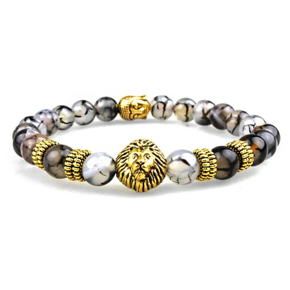 EOEMY Men'S Natural Stone Gold Lion Buddha Beaded Charm Bracelet 8mm Gift For Him Usa
