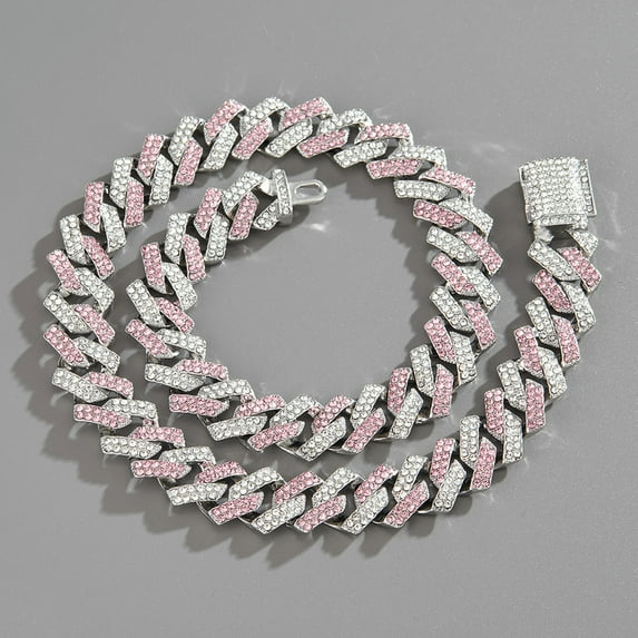 EOEMY Men'S Necklace 15mm Exaggerated Diamond Geometric Hip Hop Chain Necklace-Silver Pink-20Inch(50Cm)