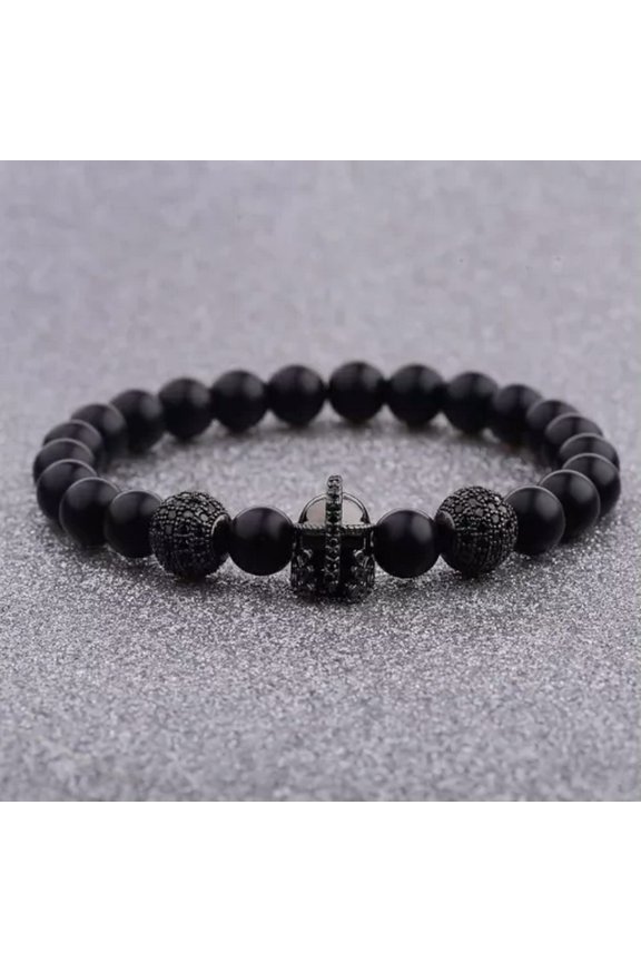 Men'S Warrior Helmet Black Matte Agate Men'S Cz Bead Gladiator Jewelry Bracelets-Black