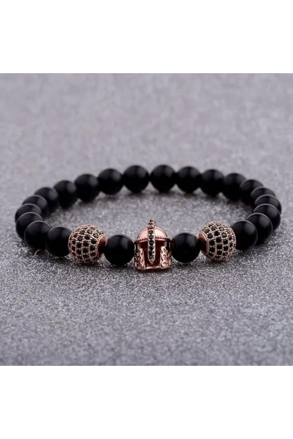 Men'S Warrior Helmet Black Matte Agate Men'S Cz Bead Gladiator Jewelry Bracelets-Rose Gold
