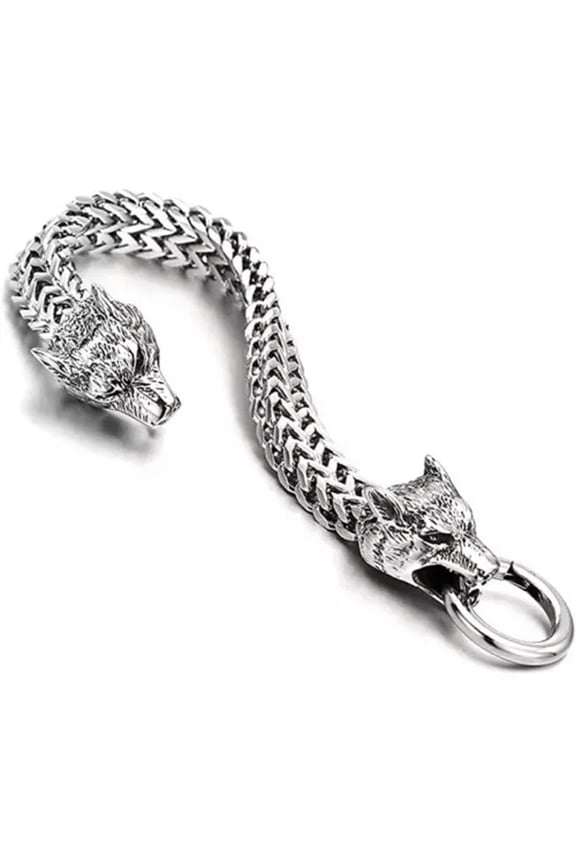 Men Stainless Steel Wolf Head Bangle Chain Bracelet Fashion Wristband Cuff-Silver-21Cm
