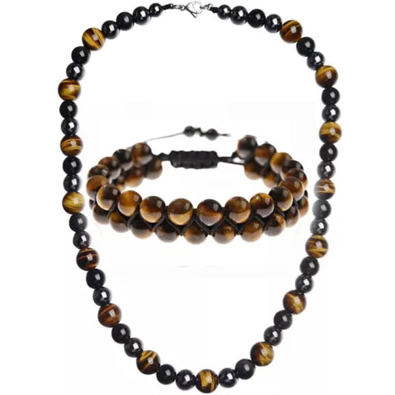 EOEMY Men Triple Protection Necklace Set Tiger Eye Hematite Obsidian Stone Bracelets-60Cm Necklace+1 Pcs Bracelet 3