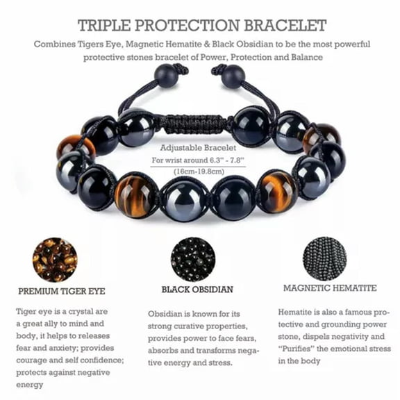 EOEMY Men Triple Protection Necklace Set Tiger Eye Hematite Obsidian Stone Bracelets-Bracelet-Style Q