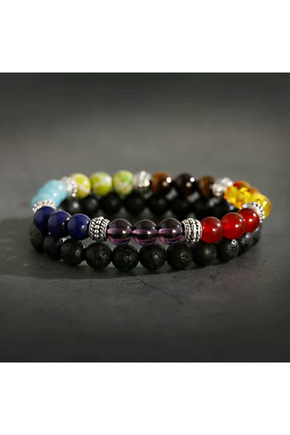 Men Women 8mm Black Onyx Lava Stone Yoga Mala Beaded Charm Chain Wrist Bracelets-7 Chakra Bracelets Style 1