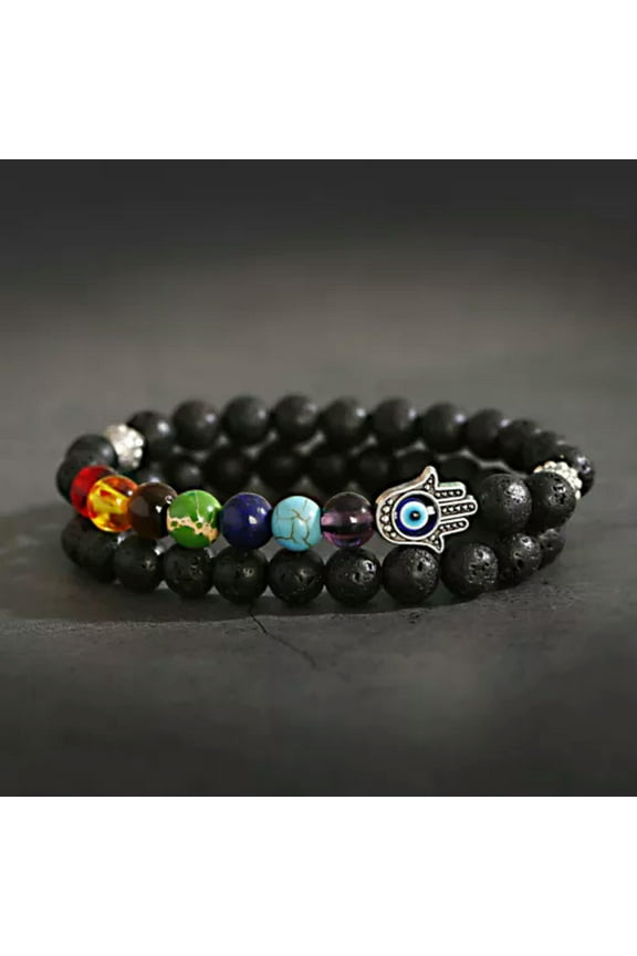 Men Women 8mm Black Onyx Lava Stone Yoga Mala Beaded Charm Chain Wrist Bracelets-7 Chakra Bracelets Style 2