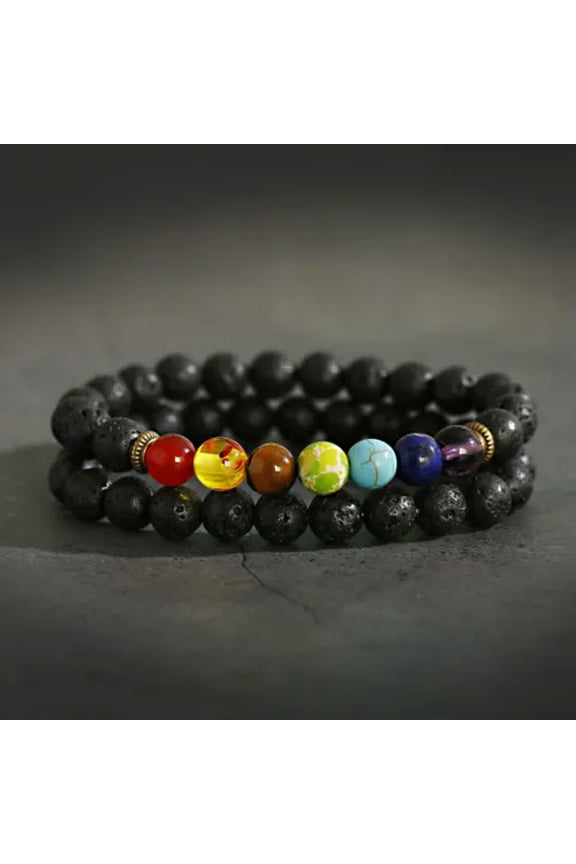 Men Women 8mm Black Onyx Lava Stone Yoga Mala Beaded Charm Chain Wrist Bracelets-7 Chakra Bracelets Style 3