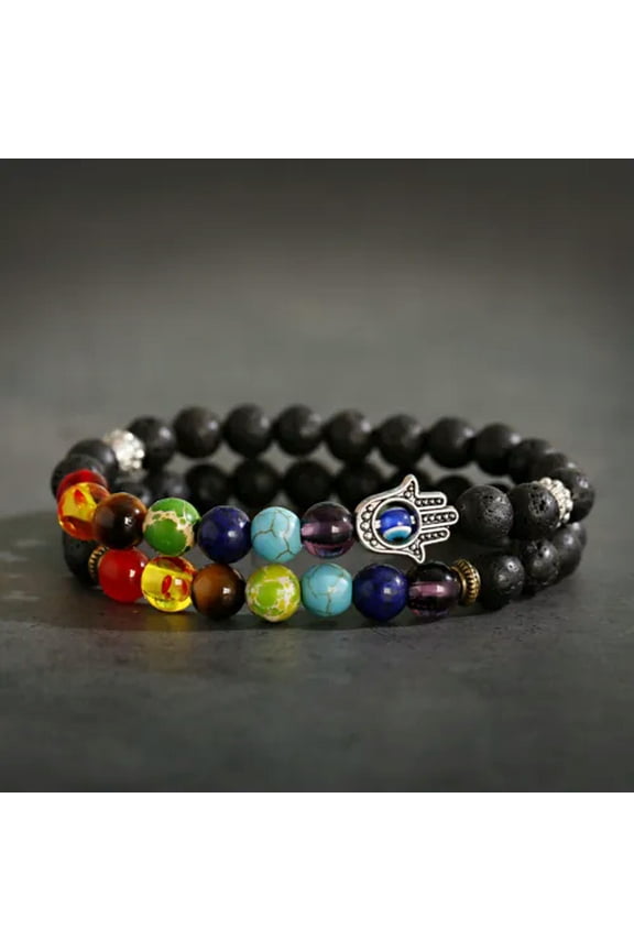 Men Women 8mm Black Onyx Lava Stone Yoga Mala Beaded Charm Chain Wrist Bracelets-7 Chakra Bracelets Style 5