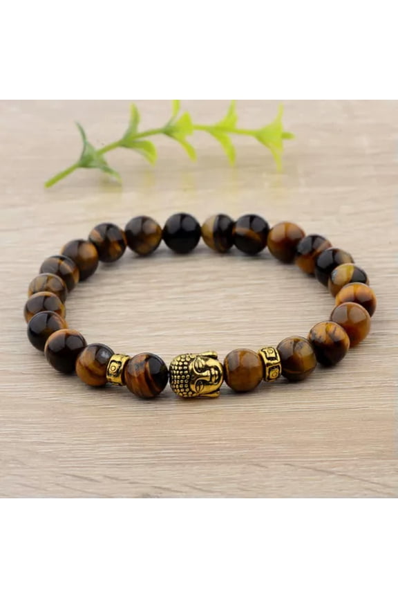 Men Women 8mm Natural Round Gemstone Bead Handmade Beads Bracelets Jewelry Gift-Buddha Head + Tiger Eye Stone